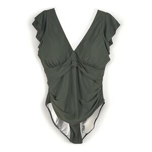 Ruched V-Neck One-Piece Swimsuit in Olive Green